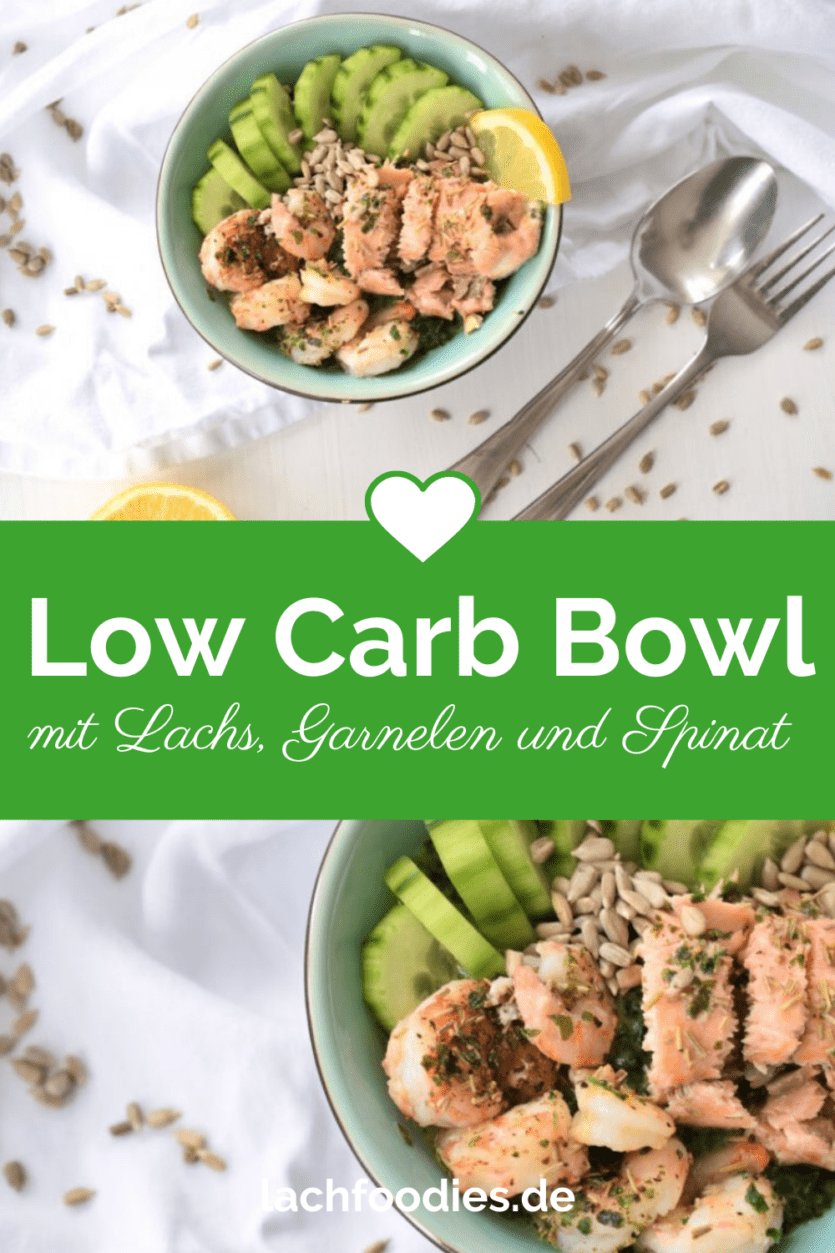 Low Carb Bowl mit Lachs, Garnelen und Spinat